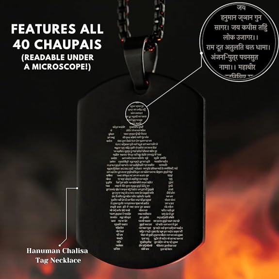 Hanuman Chalisa and Gada Micro-Carved Stainless Steel Necklace For Men and Guys | Hanuman Necklace with Chain in Black