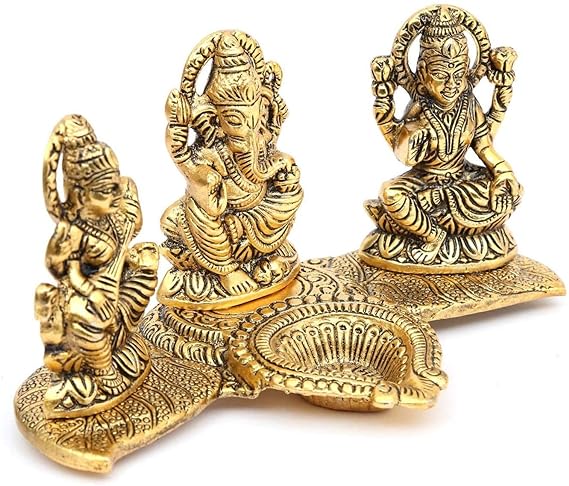 Laxmi Saraswati Idol Decorative Platter with Diya and Agarbatti Stand Diwali Gift, Metal, Standard, 1 Piece