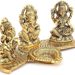 Laxmi Saraswati Idol Decorative Platter with Diya and Agarbatti Stand Diwali Gift, Metal, Standard, 1 Piece