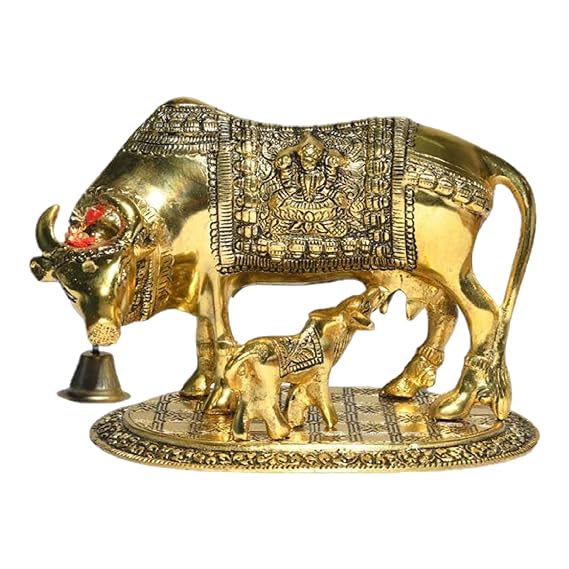 Energized Metal-Brass Kamdhenu Cow with Calf Idol (4 Inch Length)